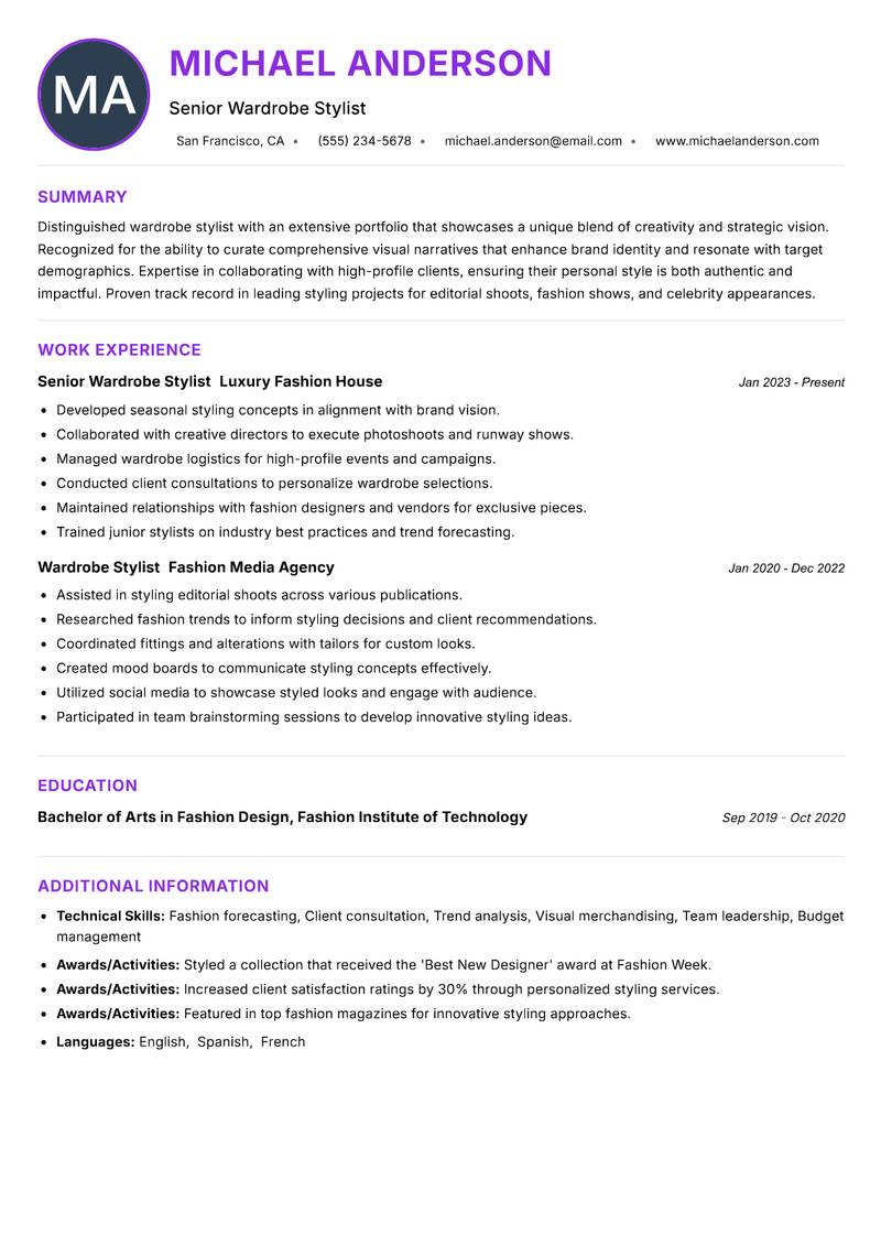 Wardrobe Stylist resume example