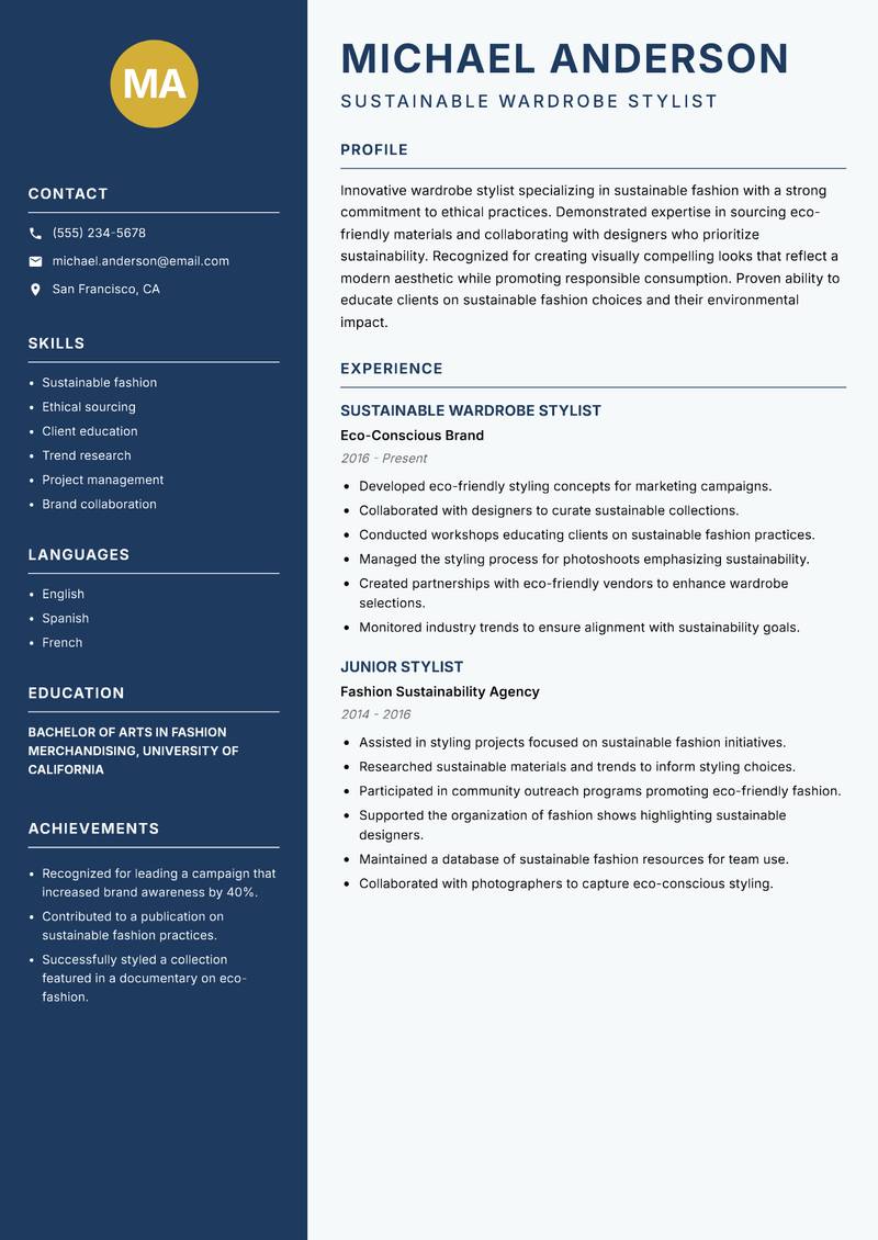 Wardrobe Stylist resume sample — Sustainable Wardrobe Stylist focus