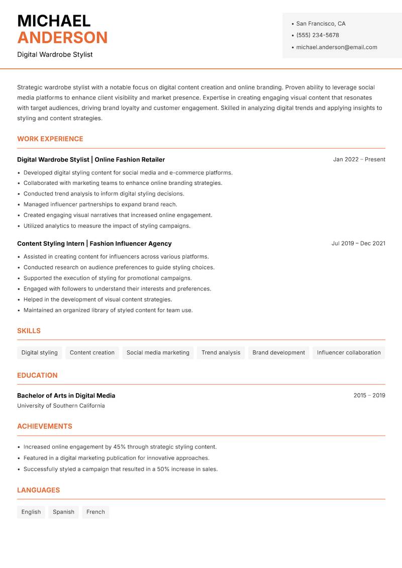 Wardrobe Stylist resume sample — Digital Wardrobe Stylist focus