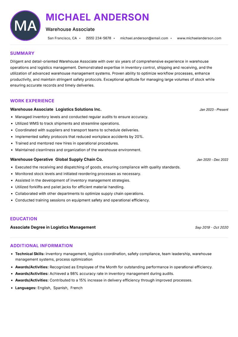 Warehouse Associate resume example