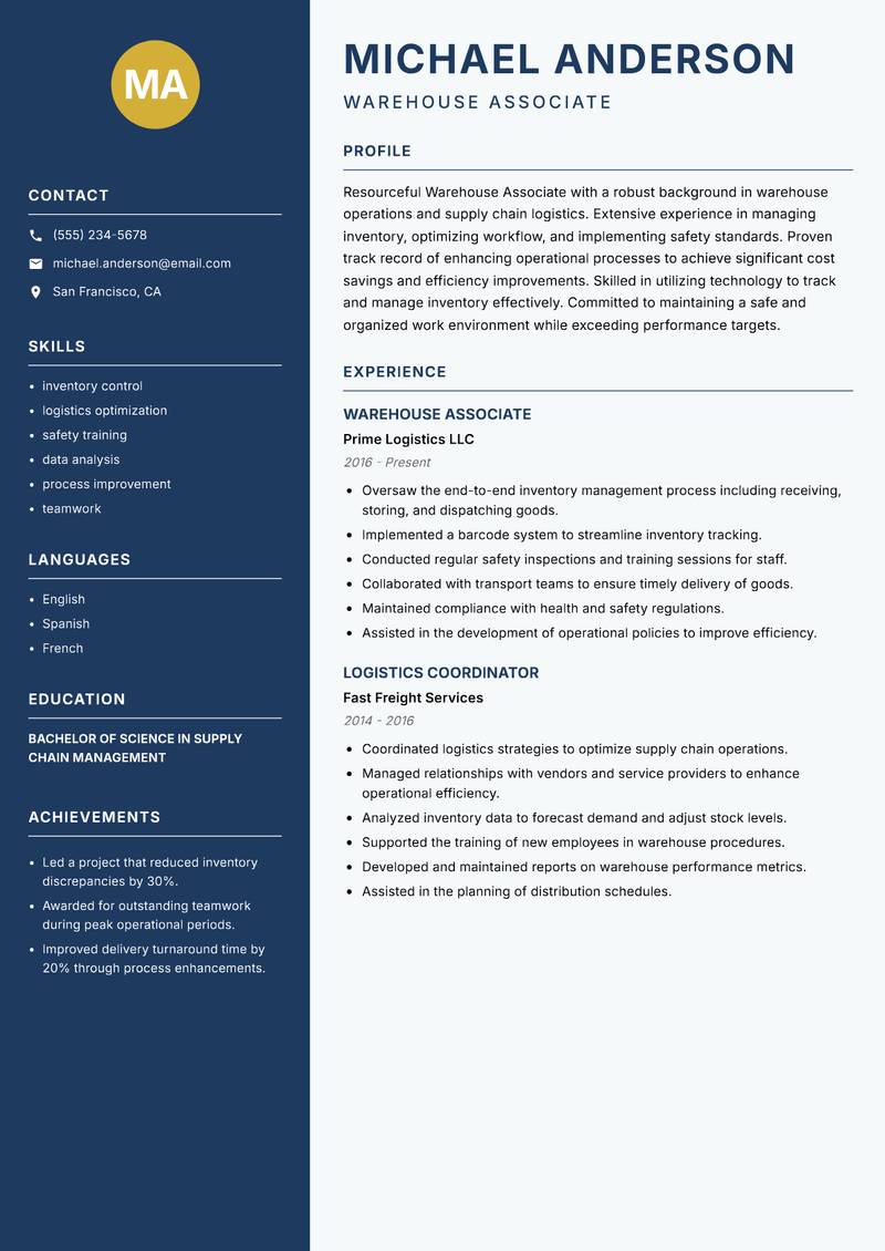 Warehouse Associate resume sample — Warehouse Associate focus