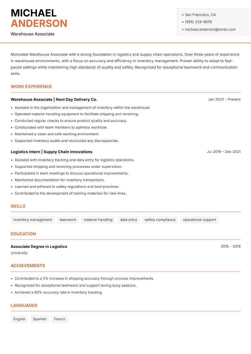 Warehouse Associate resume sample — Warehouse Associate focus