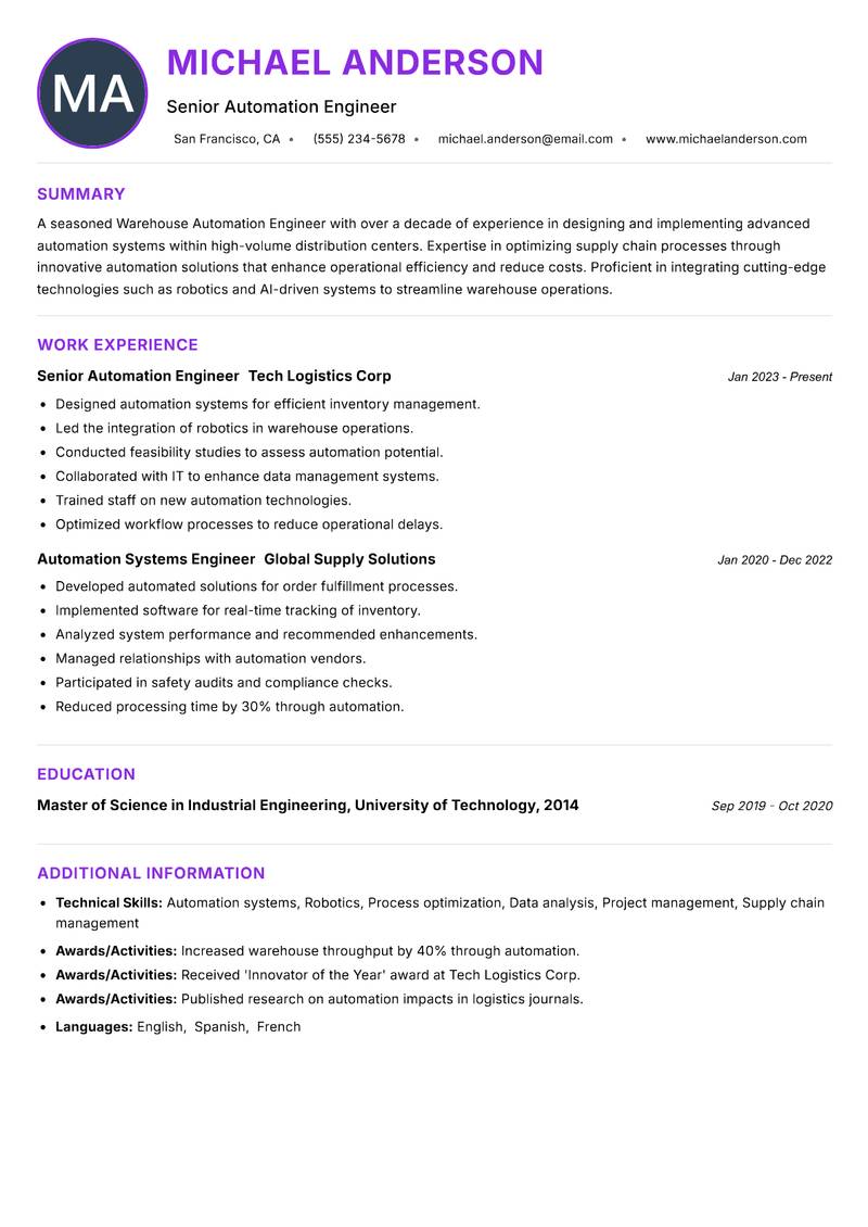 Warehouse Automation Engineer resume example