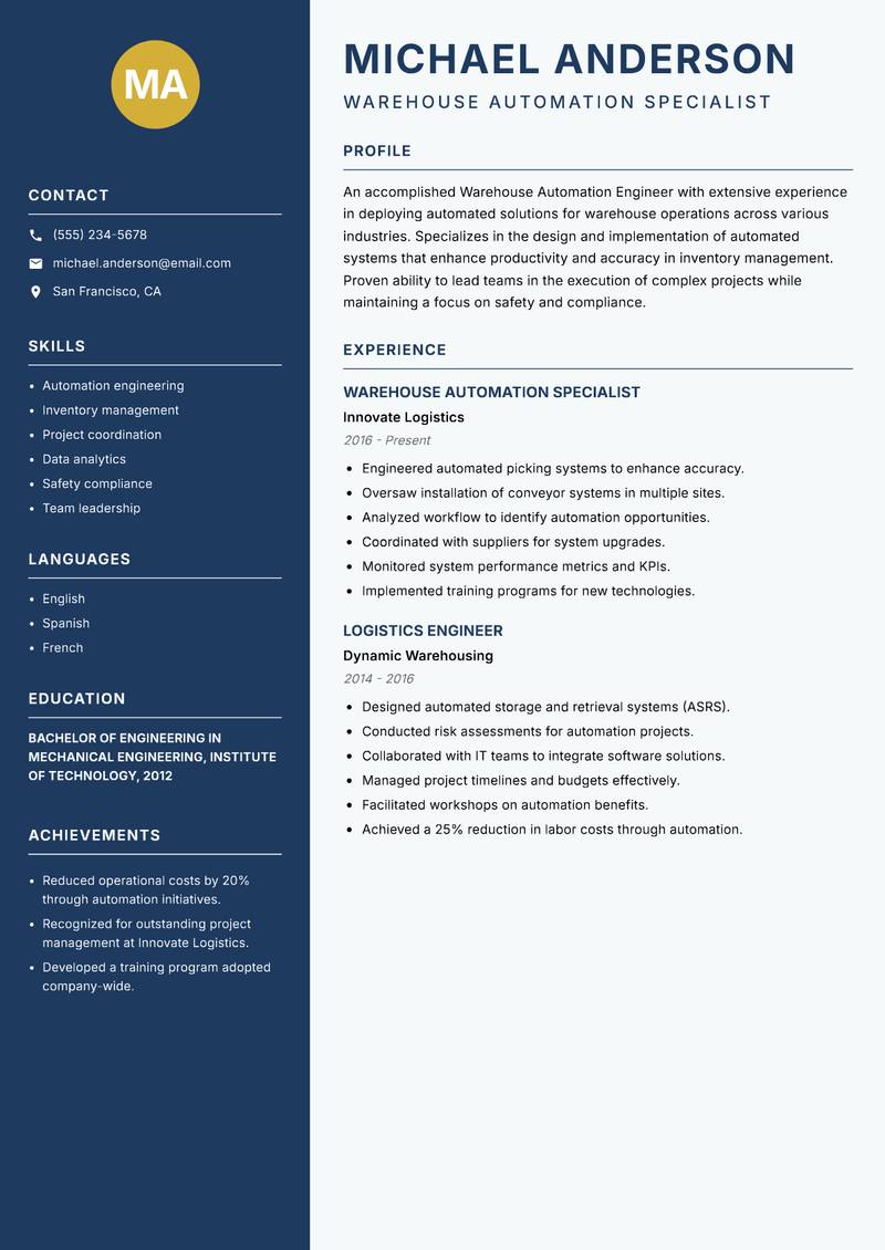 Warehouse Automation Engineer resume sample — Warehouse Automation Specialist focus