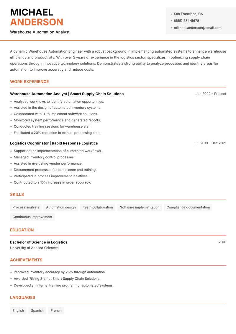 Warehouse Automation Engineer resume sample — Warehouse Automation Analyst focus