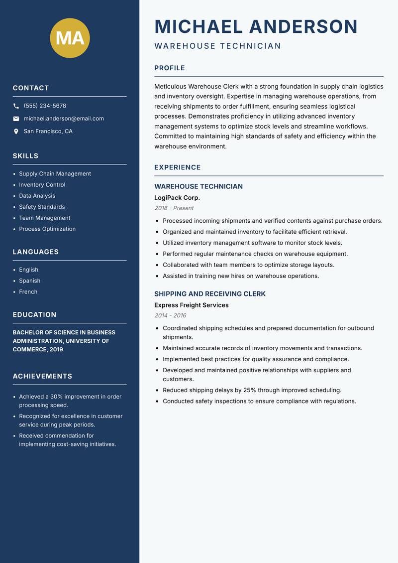 Warehouse Clerk resume sample — Warehouse Technician focus
