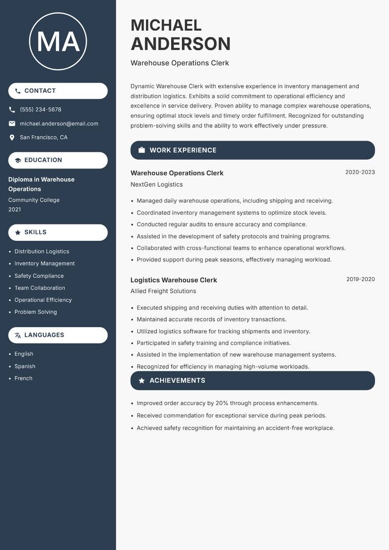 Warehouse Clerk resume sample — Warehouse Operations Clerk focus