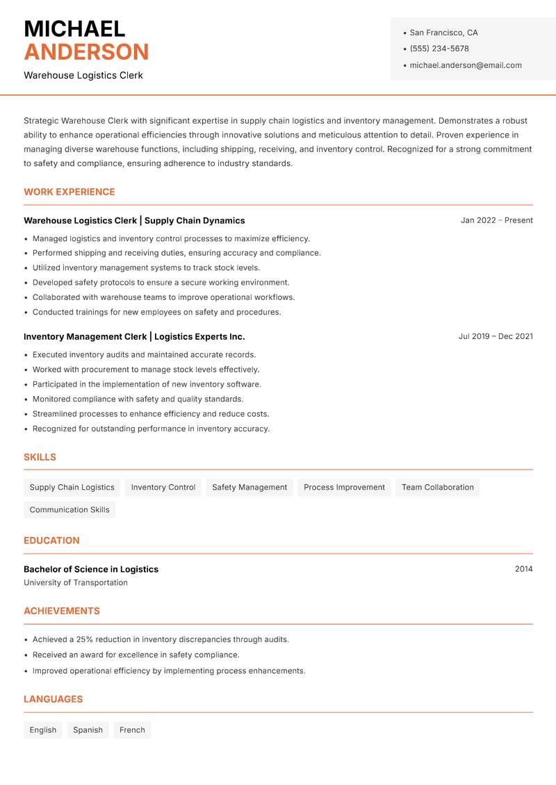 Warehouse Clerk resume sample — Warehouse Logistics Clerk focus