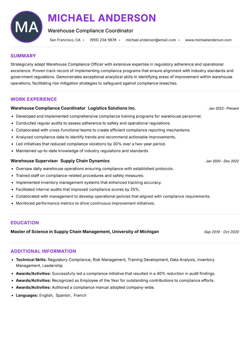 Warehouse Compliance Officer resume example