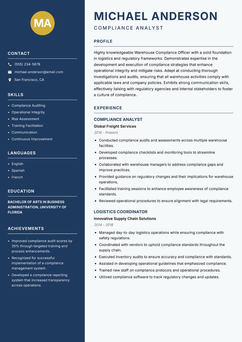 Warehouse Compliance Officer resume sample — Compliance Analyst focus