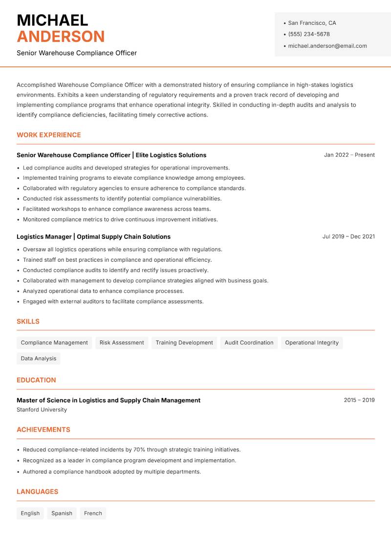 Warehouse Compliance Officer resume sample — Senior Warehouse Compliance Officer focus