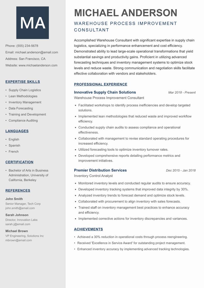 Warehouse Consultant resume sample — Warehouse Process Improvement Consultant focus