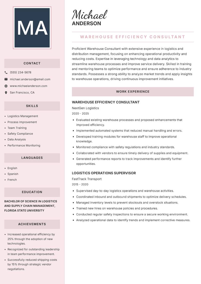 Warehouse Consultant resume sample — Warehouse Efficiency Consultant focus