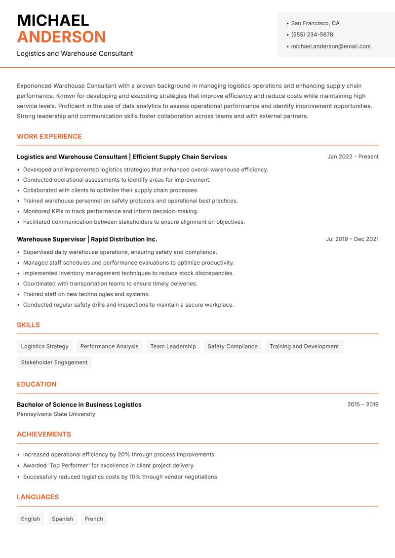 Warehouse Consultant resume sample — Logistics and Warehouse Consultant focus