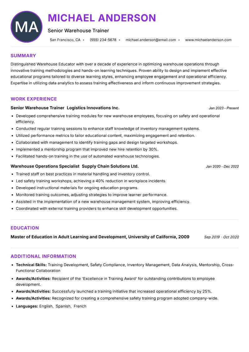 Warehouse Educator resume example