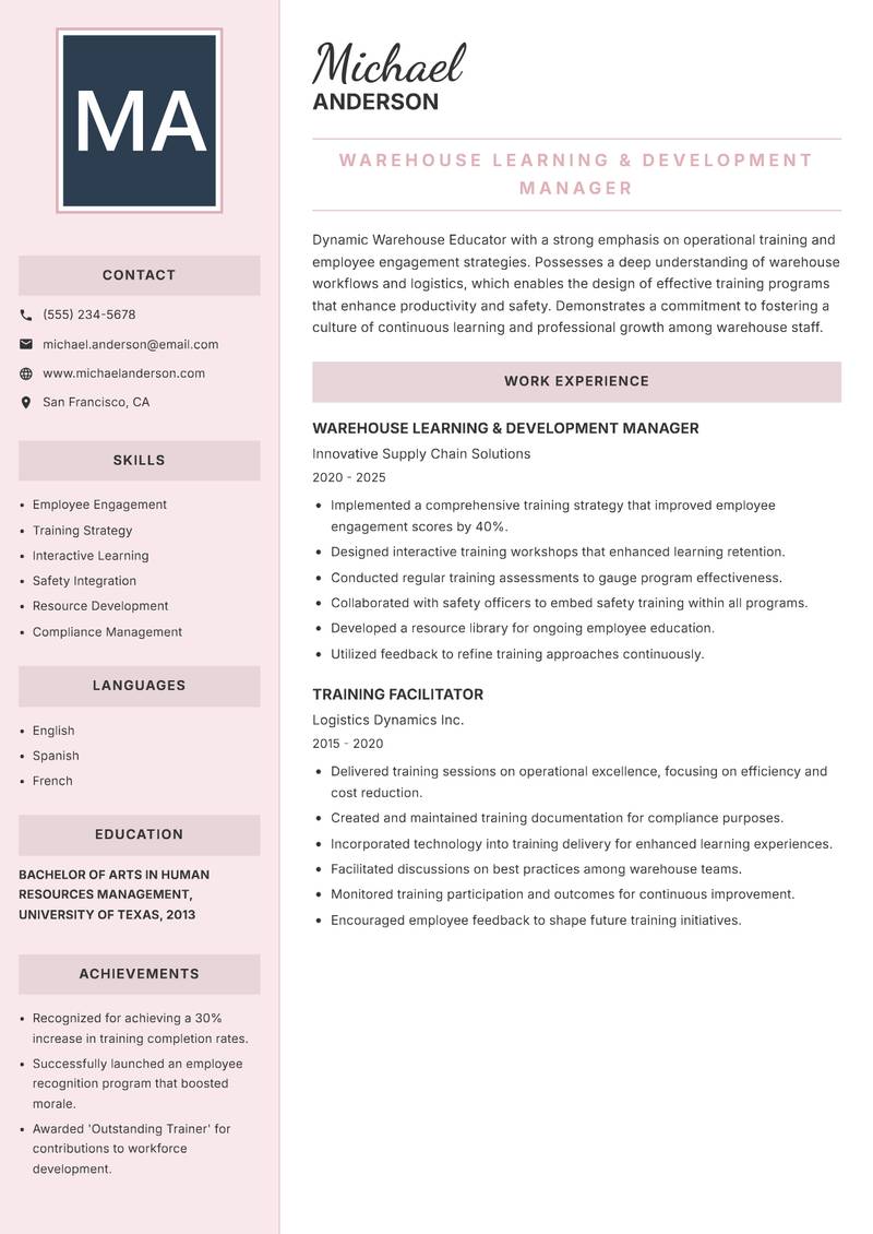 Warehouse Educator resume sample — Warehouse Learning & Development Manager focus