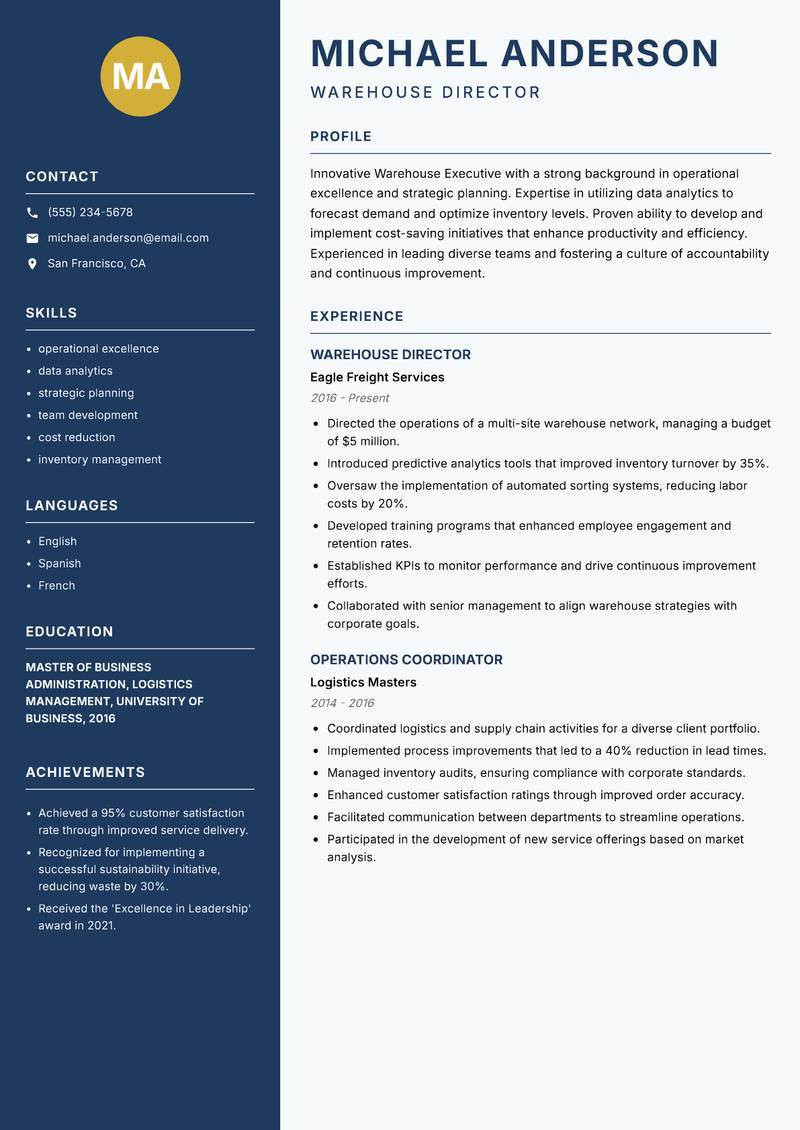 Warehouse Executive resume sample — Warehouse Director focus