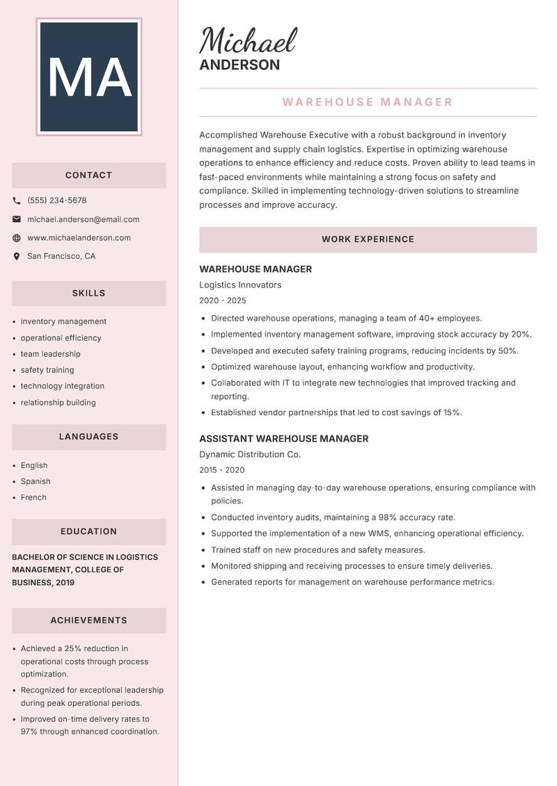Warehouse Executive resume sample — Warehouse Manager focus