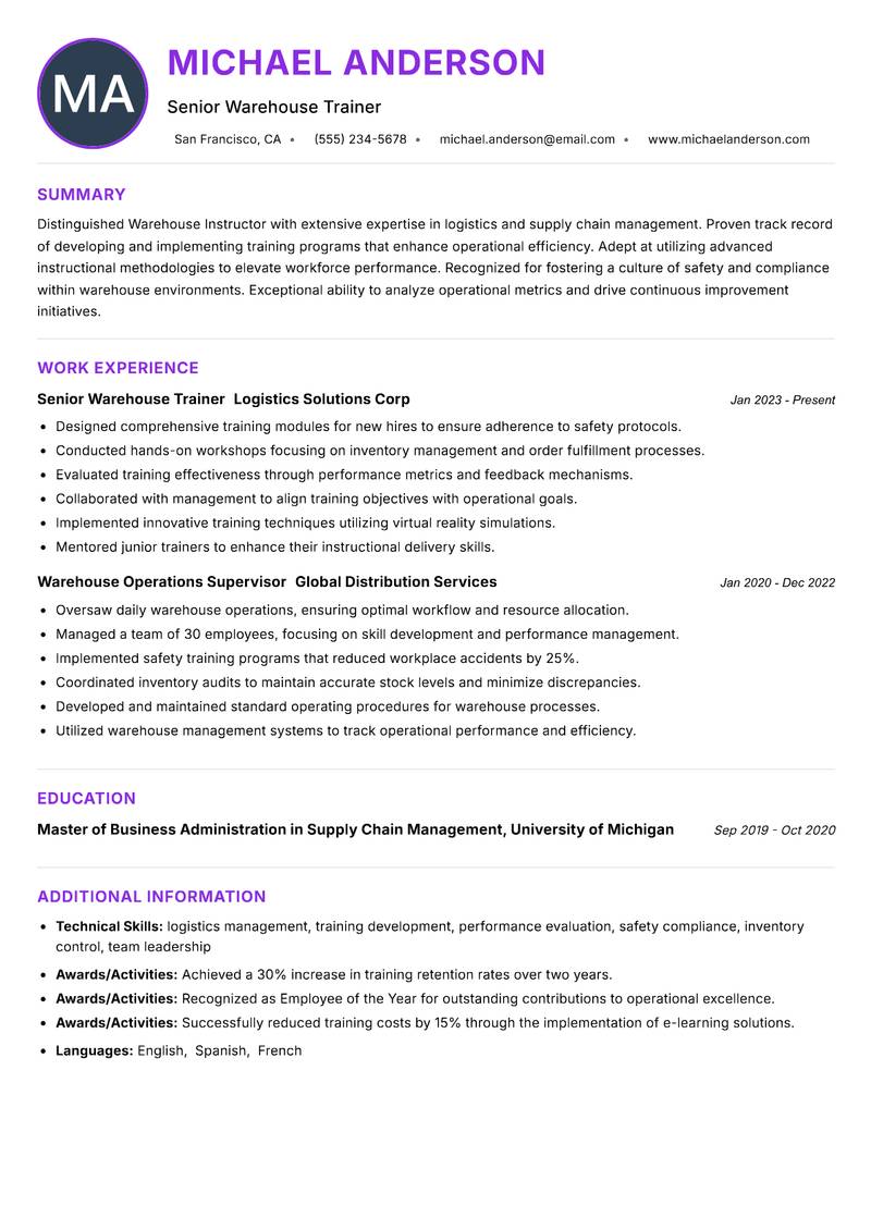 Warehouse Instructor resume example