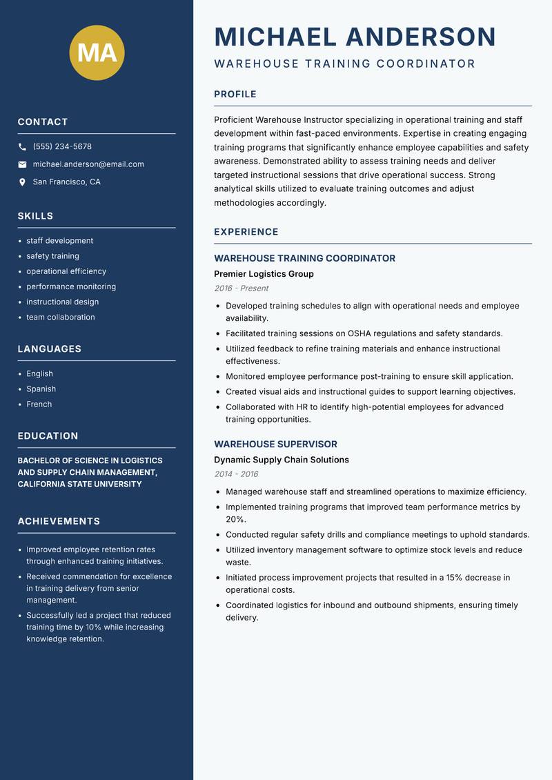 Warehouse Instructor resume sample — Warehouse Training Coordinator focus