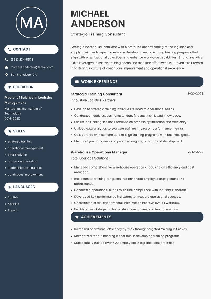 Warehouse Instructor resume sample — Strategic Training Consultant focus
