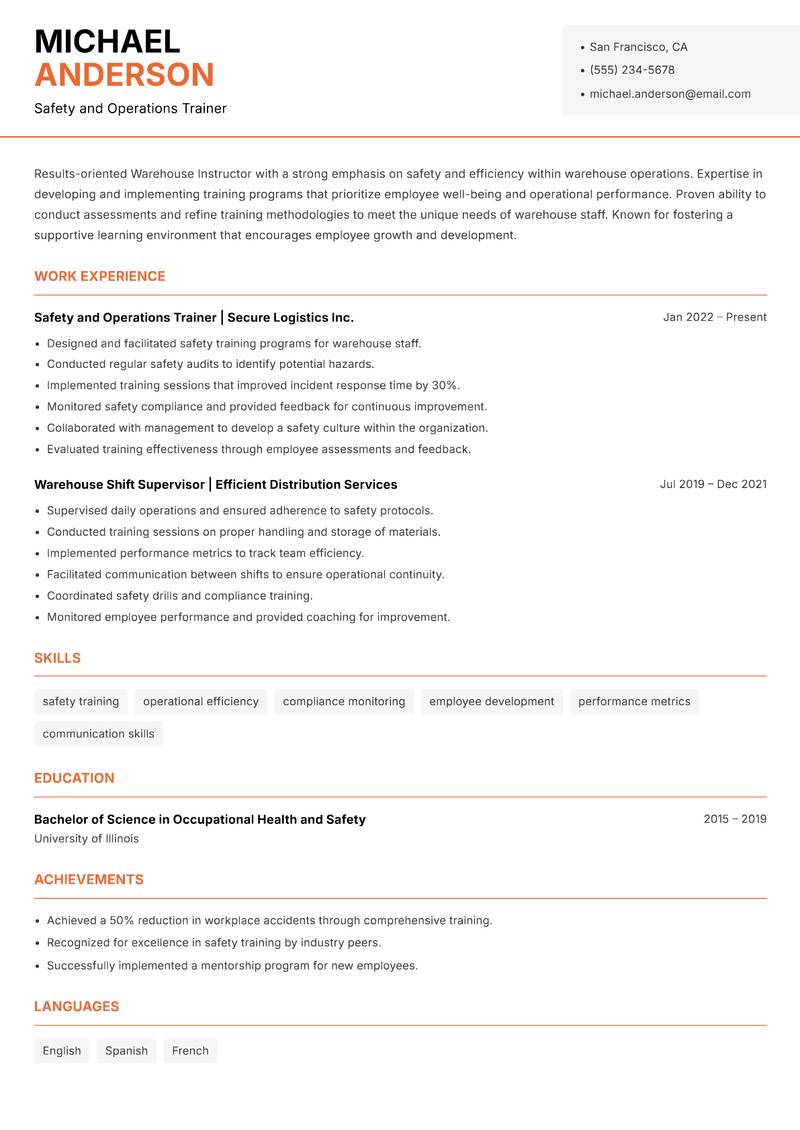 Warehouse Instructor resume sample — Safety and Operations Trainer focus