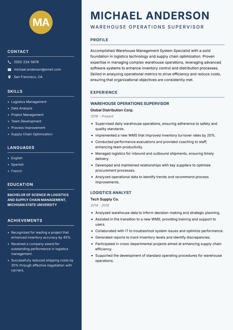 Warehouse Management System Specialist resume sample — Warehouse Operations Supervisor focus