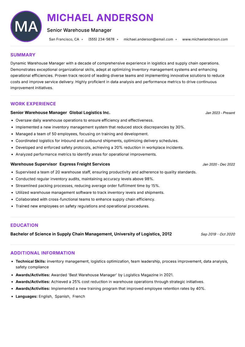 Warehouse Manager resume example