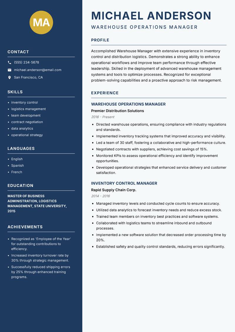 Warehouse Manager resume sample — Warehouse Operations Manager focus