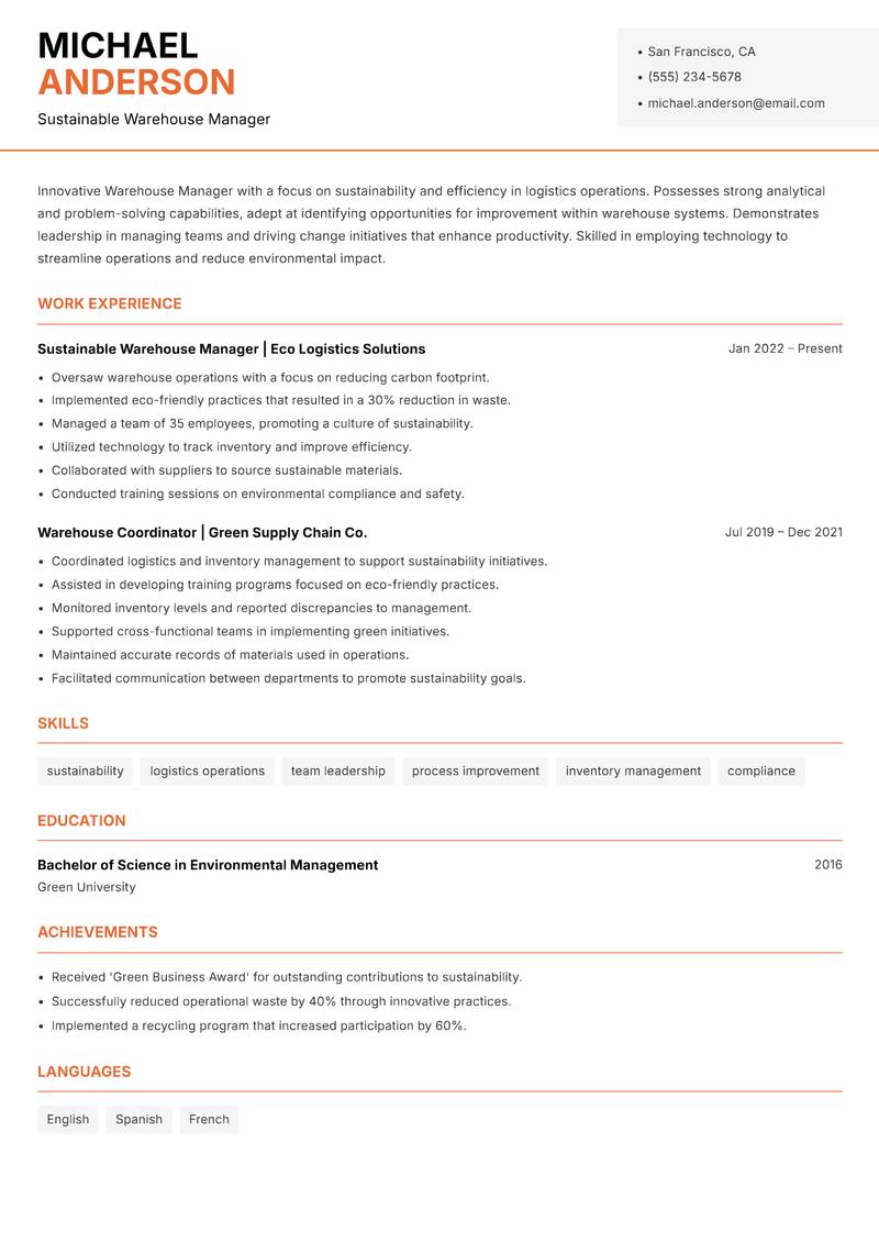 Warehouse Manager resume sample — Sustainable Warehouse Manager focus