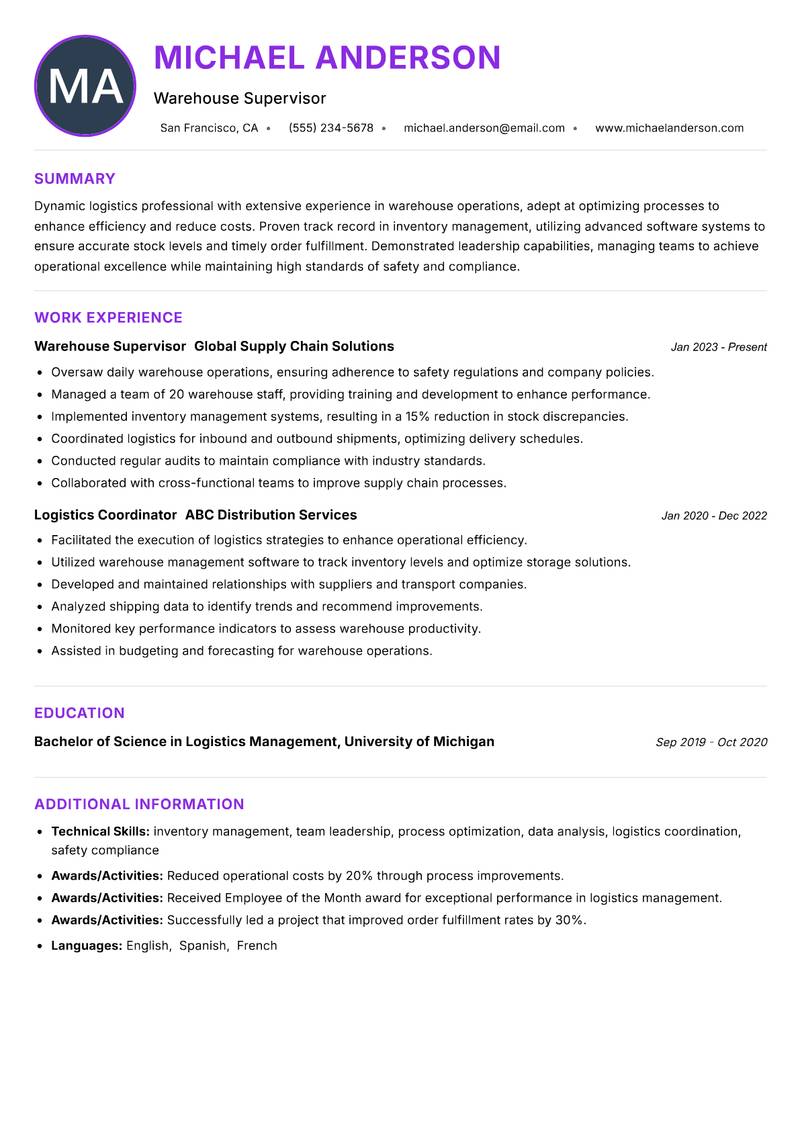 Warehouse Officer resume example