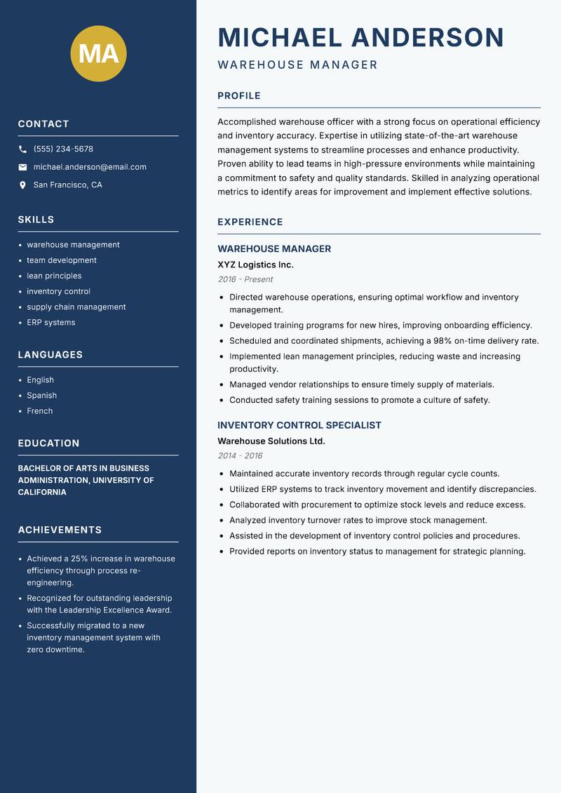 Warehouse Officer resume sample — Warehouse Manager focus