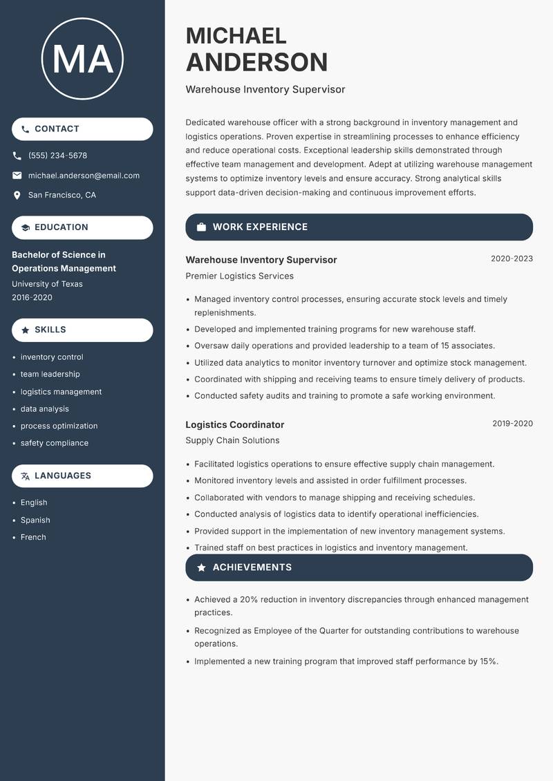 Warehouse Officer resume sample — Warehouse Inventory Supervisor focus