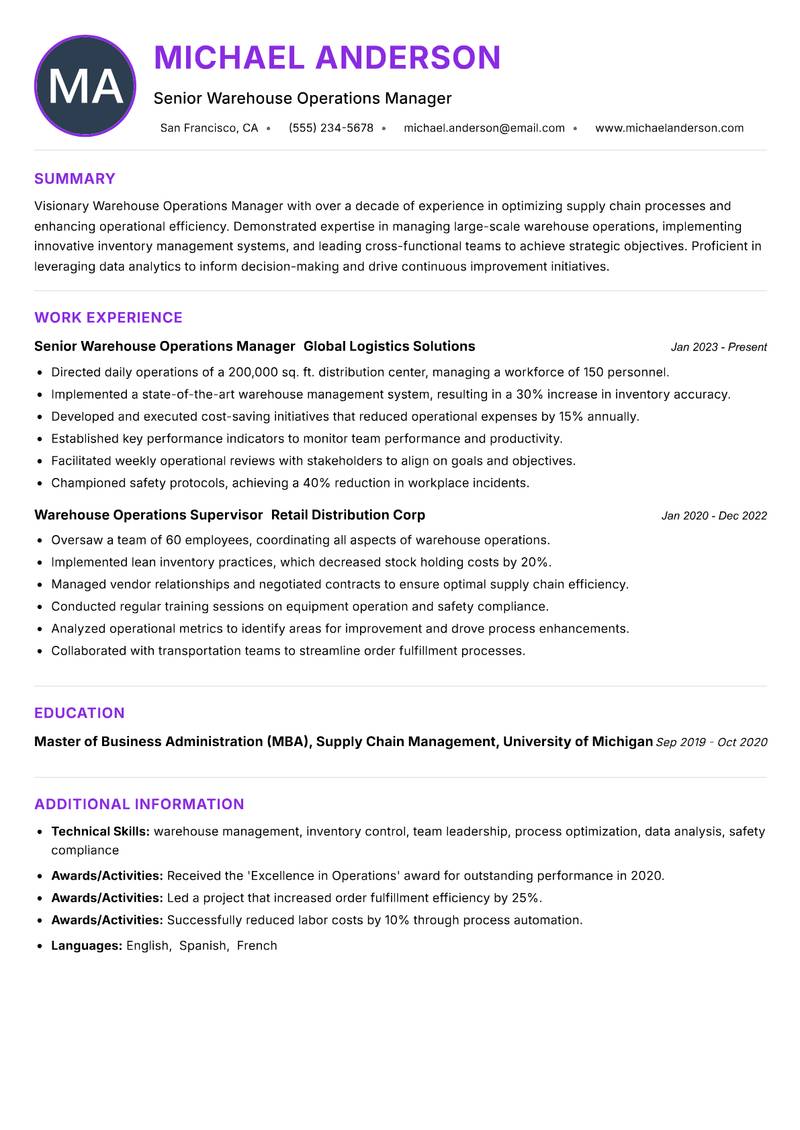 Warehouse Operations Manager resume example