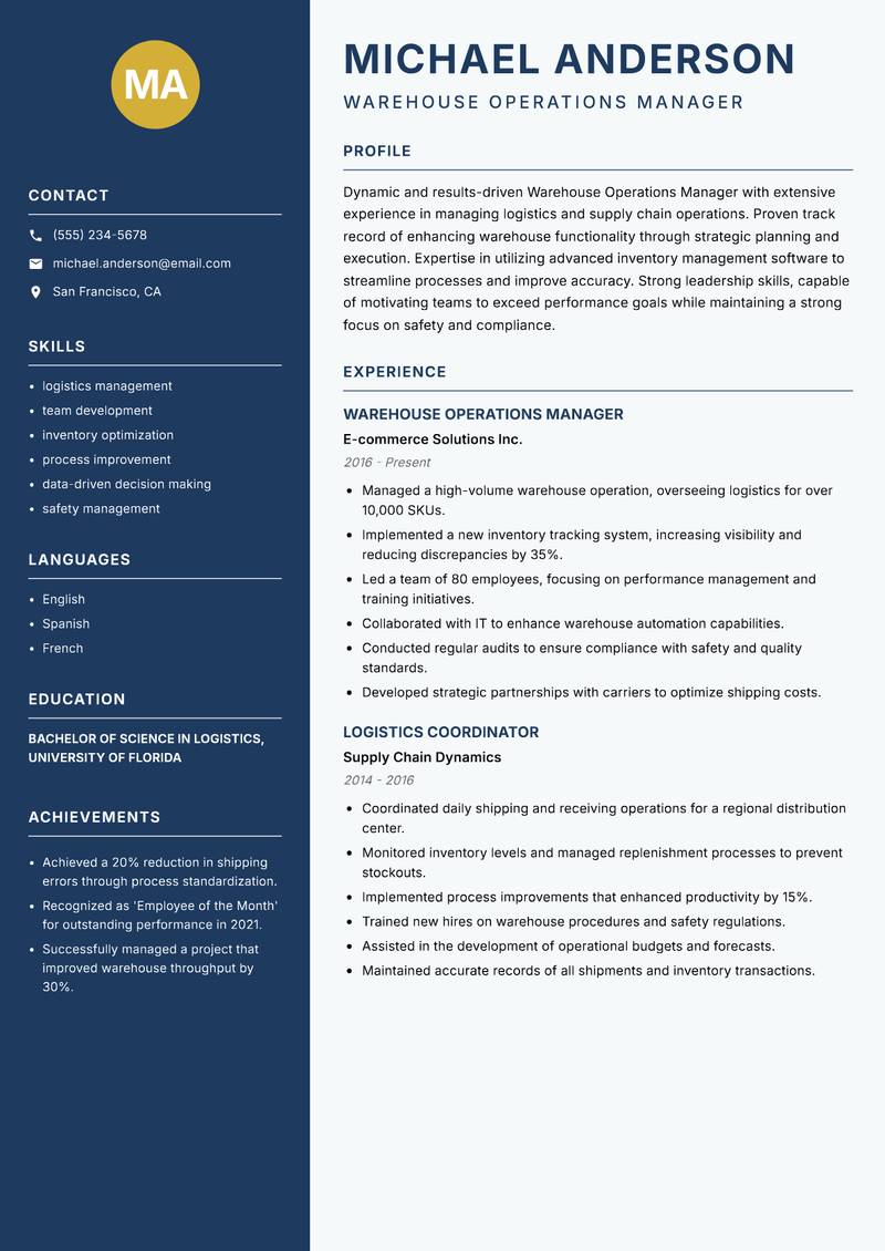 Warehouse Operations Manager resume sample — Warehouse Operations Manager focus