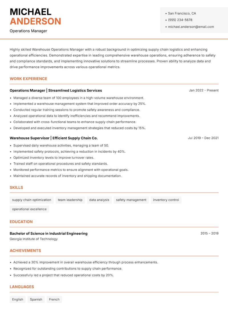 Warehouse Operations Manager resume sample — Operations Manager focus