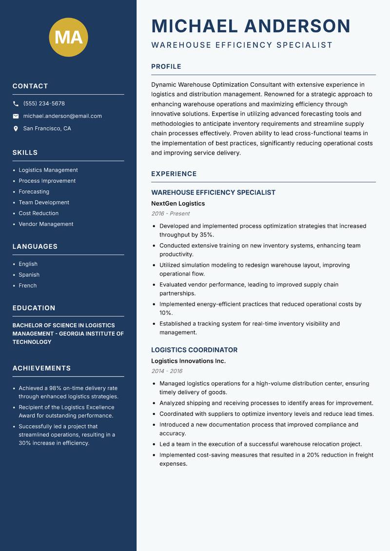 Warehouse Optimization Consultant resume sample — Warehouse Efficiency Specialist focus
