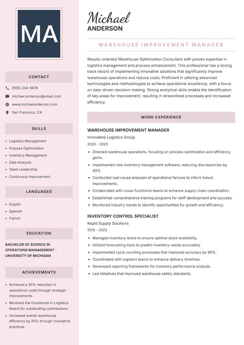 Warehouse Optimization Consultant resume sample — Warehouse Improvement Manager focus