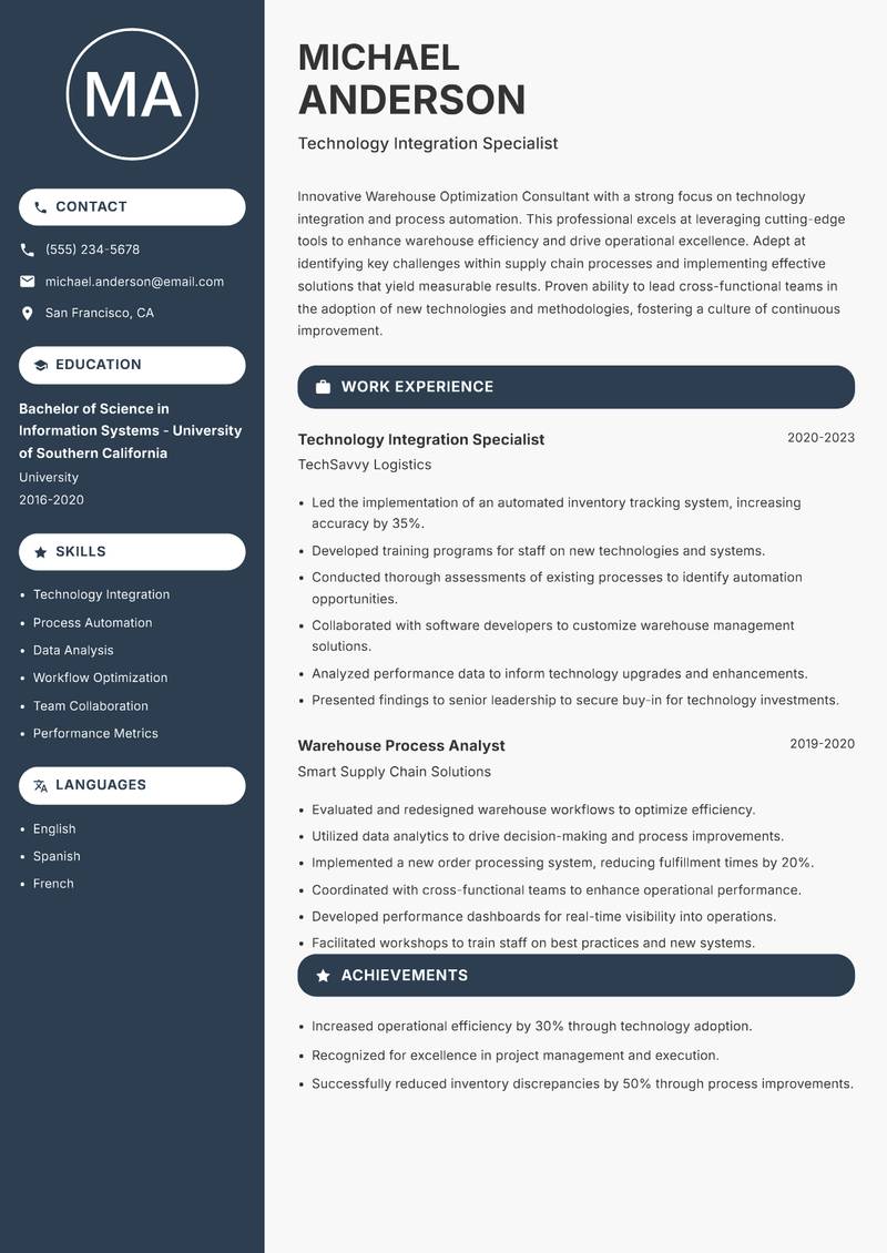 Warehouse Optimization Consultant resume sample — Technology Integration Specialist focus