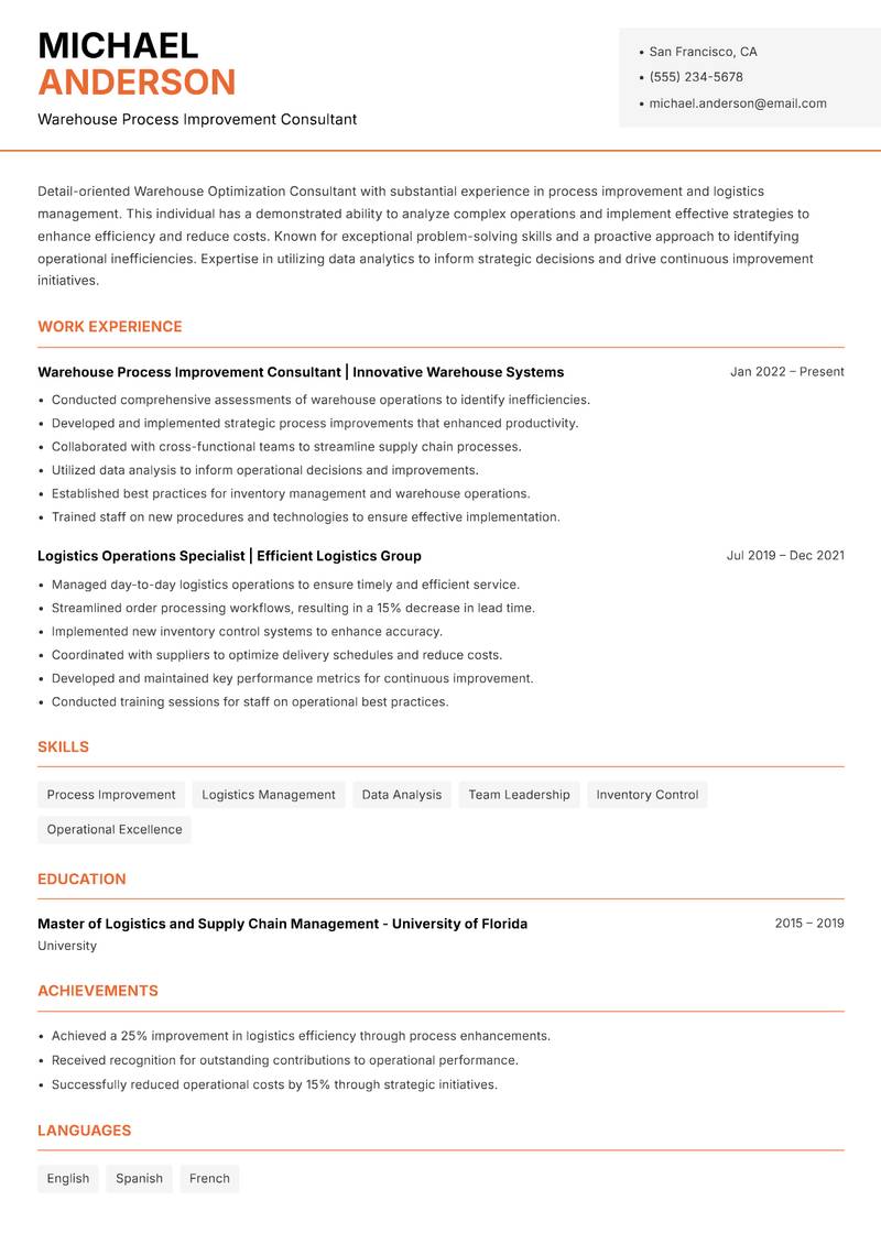 Warehouse Optimization Consultant resume sample — Warehouse Process Improvement Consultant focus