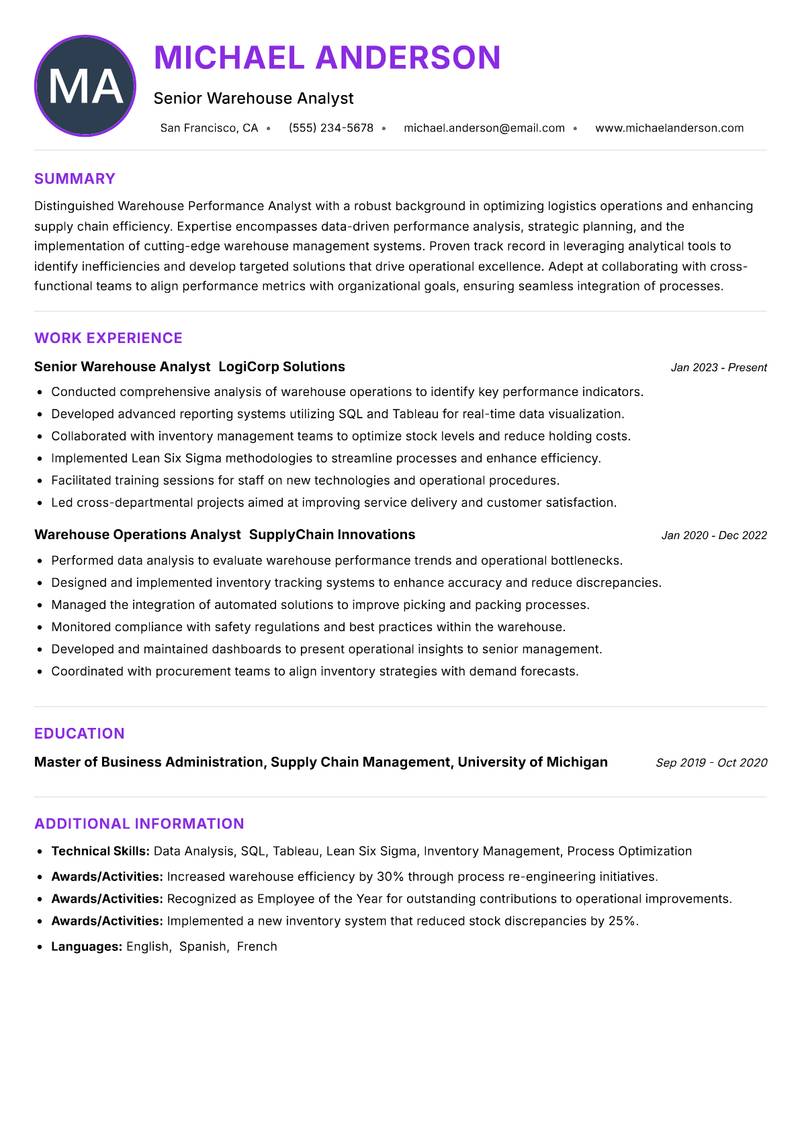 Warehouse Performance Analyst resume example