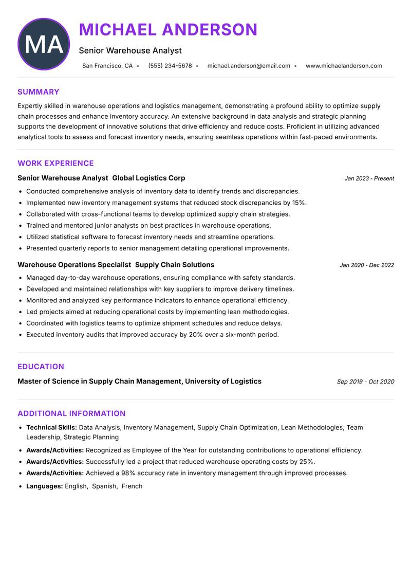 Warehouse Planning Analyst resume example