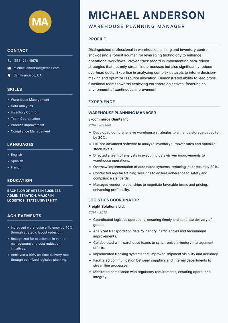 Warehouse Planning Analyst resume sample — Warehouse Planning Manager focus