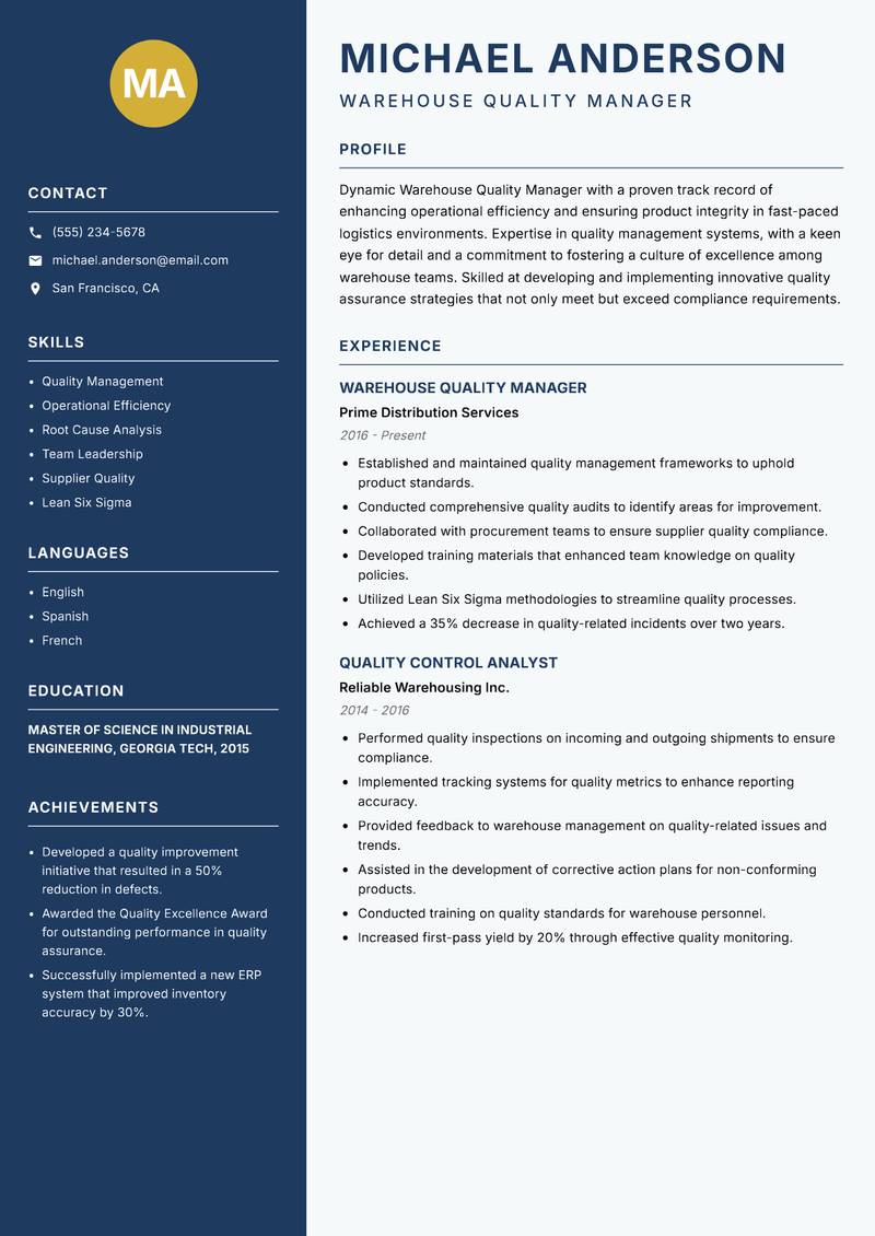 Warehouse Quality Manager resume sample — Warehouse Quality Manager focus