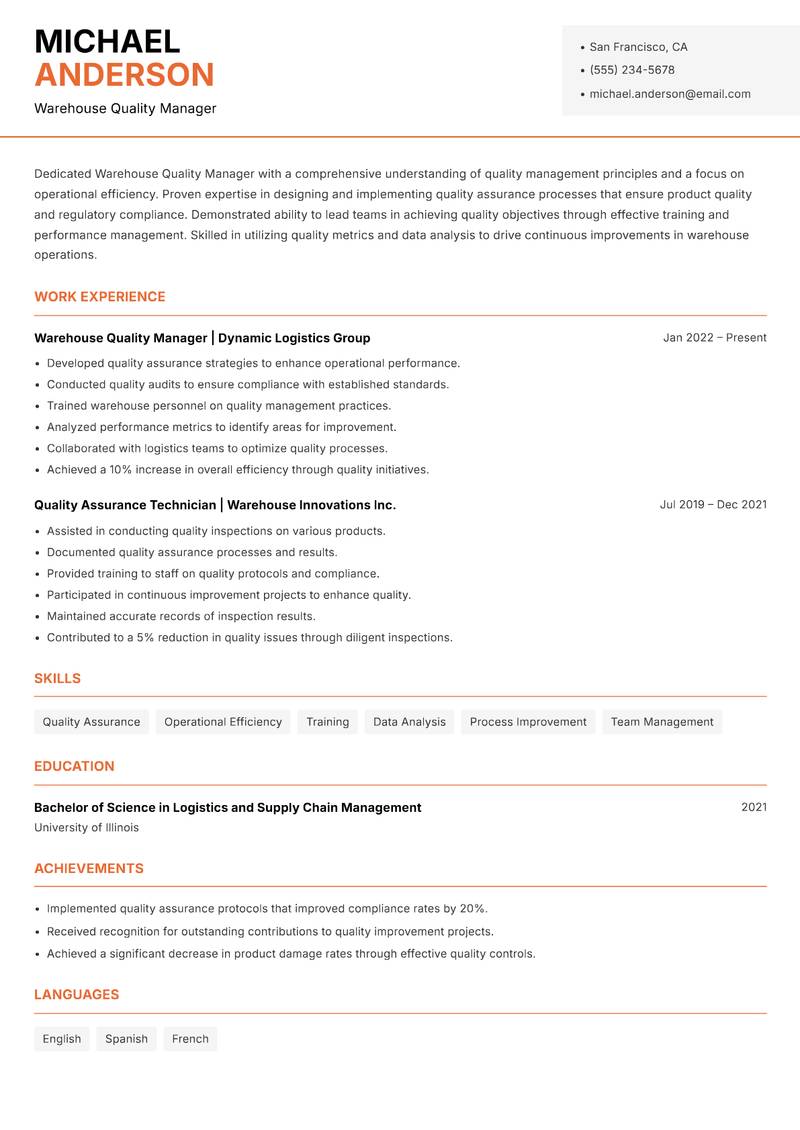 Warehouse Quality Manager resume sample — Warehouse Quality Manager focus