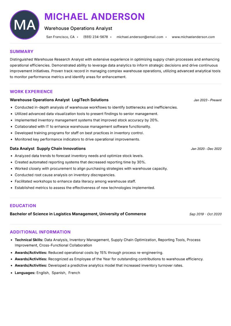 Warehouse Research Analyst resume example