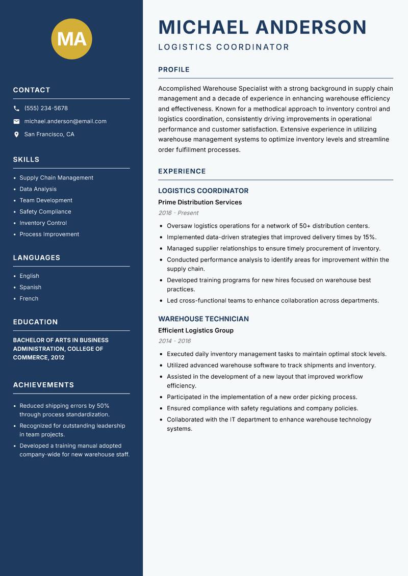 Warehouse Specialist resume sample — Logistics Coordinator focus