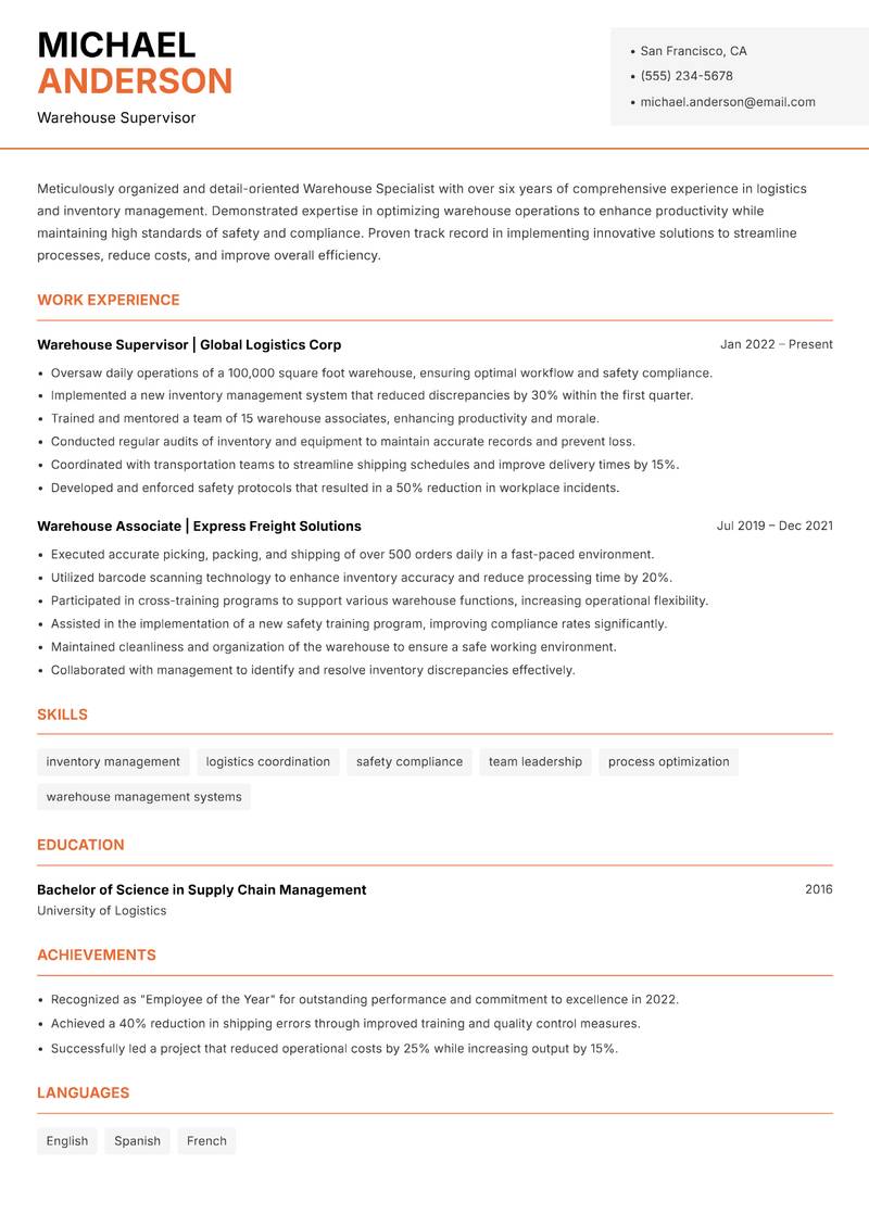 Warehouse Specialist resume sample — Warehouse Supervisor focus