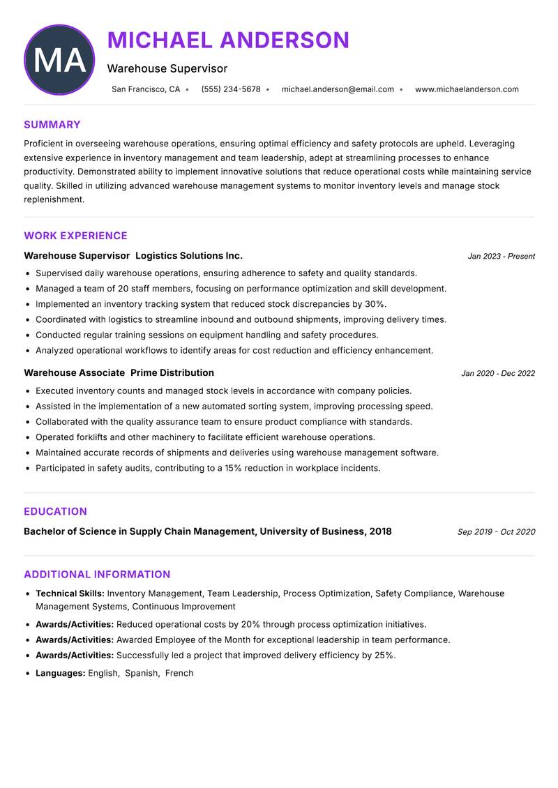Warehouse Supervisor resume example