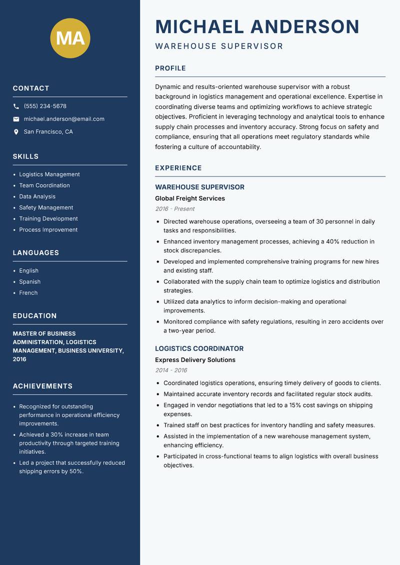 Warehouse Supervisor resume sample — Warehouse Supervisor focus